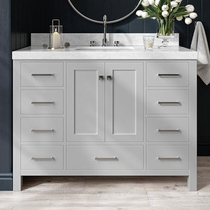 ARIEL Cambridge 48-inch Bathroom Vanity with Sink,Solid Wood, 2-inch Italian Carrara Marble Countertop, Single Rectangular Porcelain Sink, 2 Soft Closing Doors, 9 Dovetail Drawers, Grey