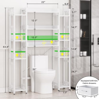 Besiost Over The Toilet Storage, 11 Tier Bathroom Organizer with Dual Side Racks and 2 Fabric Drawers, Adjustable Freestanding Rack Space Saver for Small Spaces, White
