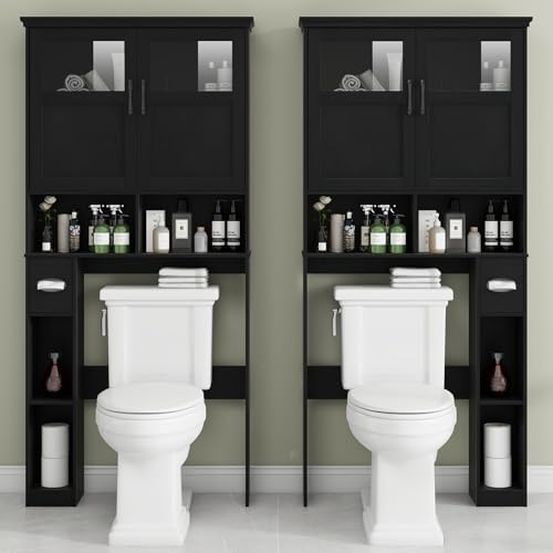 Vabches Over The Toilet Storage Cabinet with Doors & Paper Holder, Black