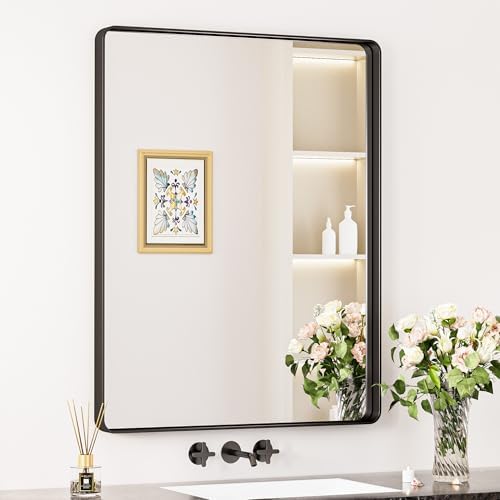 Keonjinn 28 x 36 Inch Black Bathroom Mirror, Tempered Glass Vanity Mirror