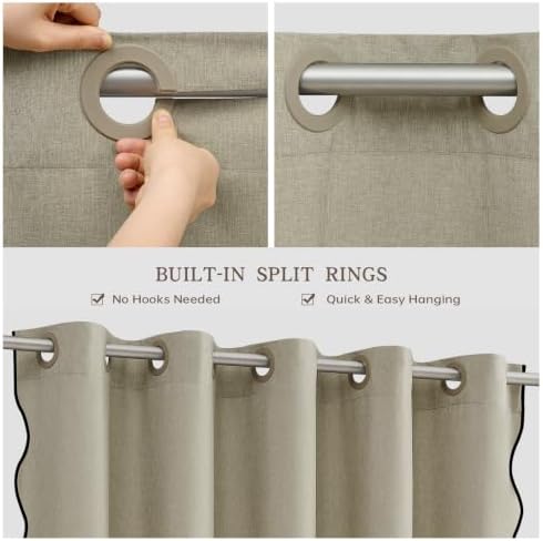 Furlinic No Hook Shower Curtain Scalloped Boho Taupe Linen Fabric 96 Inch