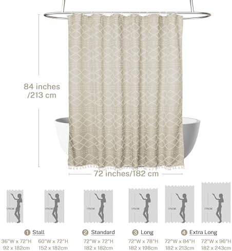 Siiluminisoy Extra Long Beige Boho Woven Fabric Cute 84 Inch Tufted Chevron Textured Striped Modern Farmhouse Minimalist Cloth Shower Curtain for Bathroom