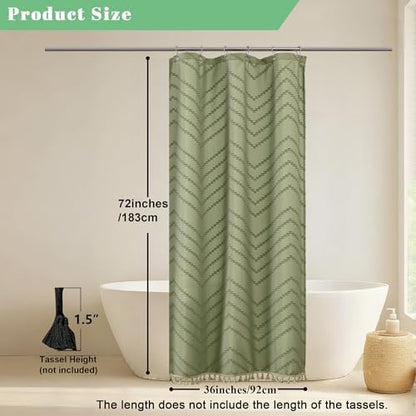 OWENIE Small Boho Stall Shower Curtain, Light Green Fabric Cloth Stall Shower Curtain 36 x 72 Half Size with Tassel Tufted Chevron Striped Textured Modern Farmhouse for Bathroom, Machine Washable