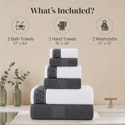 Modern Threads 6 Piece Bath Towel Set – Bathroom Towel Set with 2 Bath Towels, 2 Hand Towels & 2 Washcloths – 100% Cotton, Soft & Absorbent – Jacquard Border (Gray)