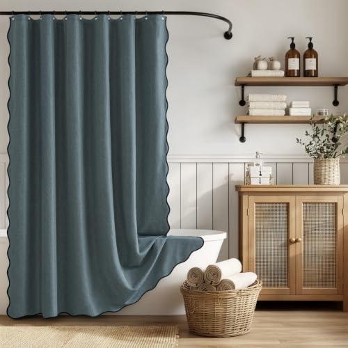 ANRODUO Dusty Blue Scalloped Linen Textured Shower Curtain, W72 x L108