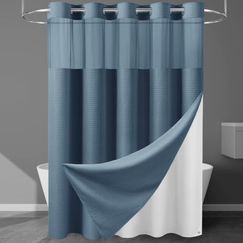 Heavyweight Waffle No Hook Shower Curtain with Liner, Moonlight Blue, 71x74