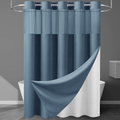 Heavyweight Waffle No Hook Shower Curtain with Liner, Moonlight Blue, 71x74