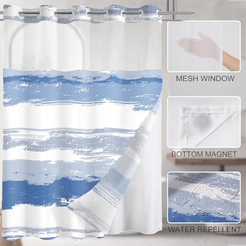 No Hook Shower Curtain with Liner, Navy Blue Stripe, 71x74 Inch