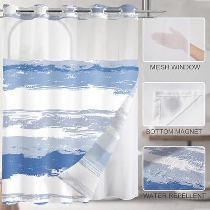 No Hook Shower Curtain with Liner, Navy Blue Stripe, 71x77 Inch