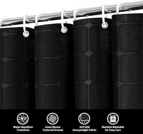 Boho Farmhouse Classic Plaid Linen Tassel Shower Curtain Black,36x72