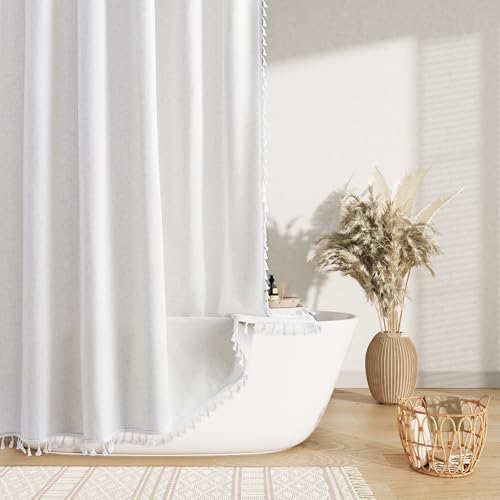 Nanspring Beige White Boho Linen Shower Curtain 78 Inch Long Weighted Tassel Chic Fancy Vintage Country Fabric Shower Curtain Set with Hooks Modern Neutral Decorative Bath Accessories Decor 72x78