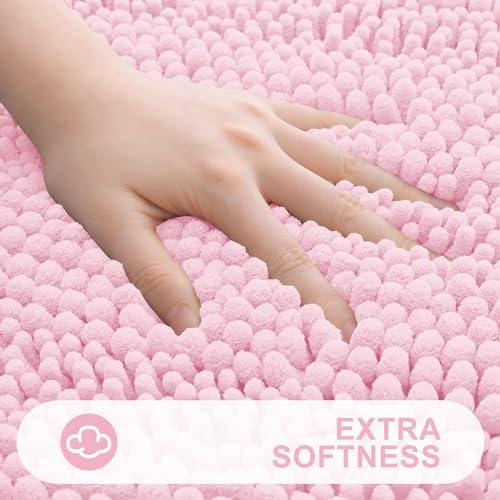 Grandaily Chenille Striped Bathroom Rugs 47x24, Extra Thick and Absorbent Bath Mats, Non-Slip Soft Plush Shaggy Shower Carpet, Machine Wash Dry, Bath Rug for Bathroom, Pink