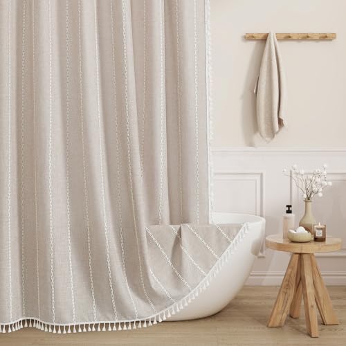 Boho Farmhouse Tassel Linen Shower Curtain,3D Embroidery Stripe Taupe,72x78