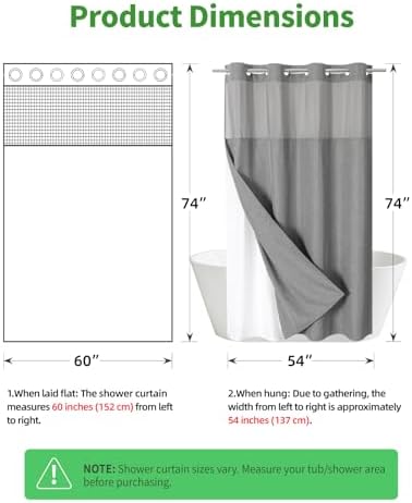 eachope No Hook Linen Texture Shower Curtain with Snap-in Liner,60x74 Grey