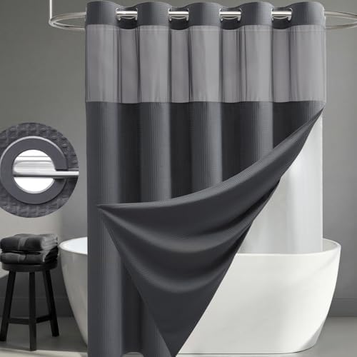 Dynamene Charcoal Grey Hook Free Waffle Shower Curtain & Snap Liner,36x75