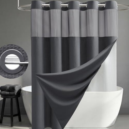 Dynamene Charcoal Grey Hook Free Waffle Shower Curtain & Snap Liner,72x81