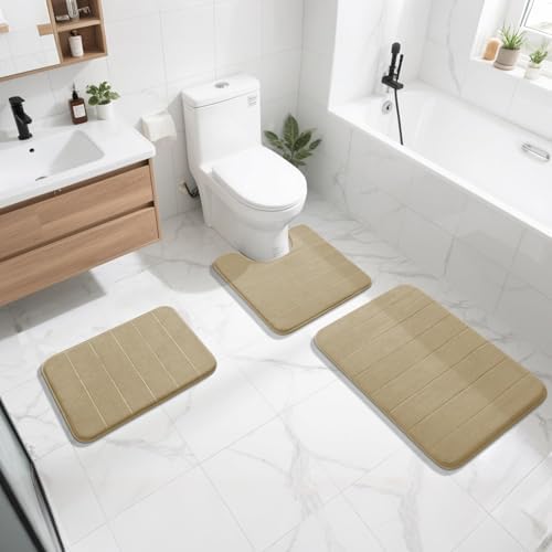 Yimobra Memory Foam Bath Mat, Super Soft Absorbent Bathroom Rug Non Slip, Quick Dry, Machine Washable Floor Carpet for Tub Shower, Home Decor Accessories, 24x17, Light Tan