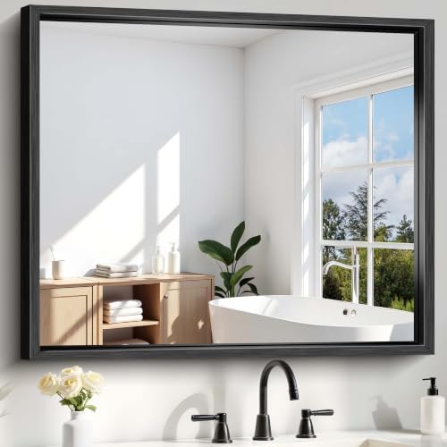 Bathroom Mirror, 42 x 36 Inch Brushed Black Rectangle Mirror, 0.6" Thickened Deep Frame Mirrors for Wall Over Sink, Shatterproof Tempered Glass, Antirust, Horizontally or Vertically