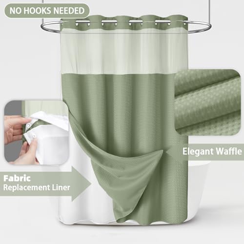 No Hook Shower Curtain with Liner Set Hotel Waffle Sage Green 72W X 75L