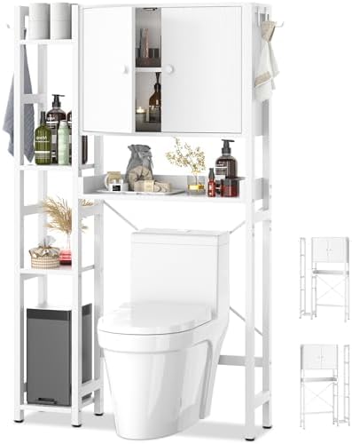 Over The Toilet Storage Cabinet with Doors - 7 Tier Bathroom Organizer with Adjustable Shelf, Freestanding Space Saver Rack Above Toilet Stand with 4 Hooks for Bathroom, Restroom, Laundry, White