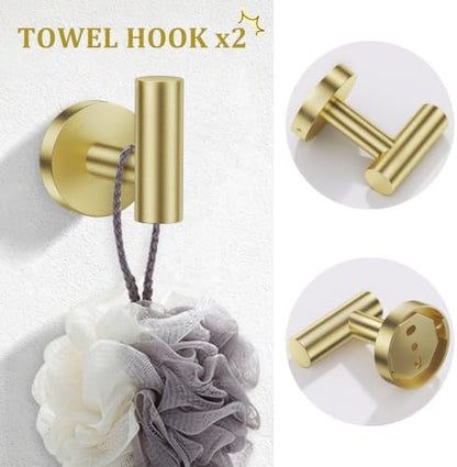 TURS Brushed Gold Bathroom Hardware Set 5 Piece, SUS304 Stainless Steel Bath Towel Bar Set, 24 Inch Bathroom Accessories Kit Wall Mounted