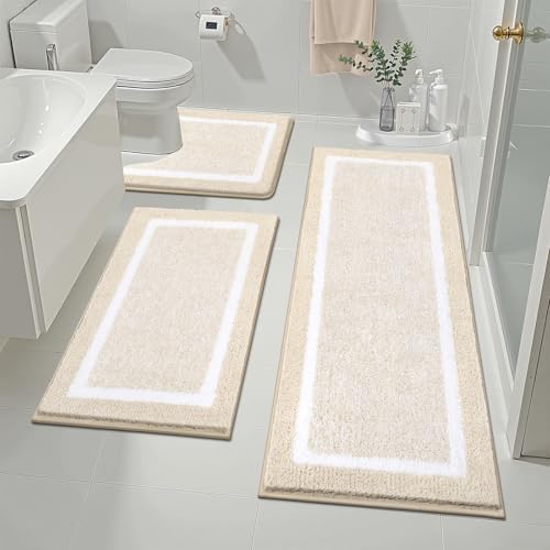 Pauwer Bathroom Rug Sets 3 Piece, Non Slip Washable Bath Mat, Light Beige
