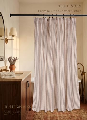 Farmhouse Striped Shower Curtain - Extra Long 72x84 Inches, Linen Blend Fabric, Breathable & Machine Washable, Rustic Rust for Bathroom Decor (Hooks/Liner Not Included)