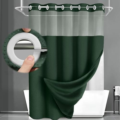 No Hook Shower Curtain with Liner Set Hotel Waffle Dark Green 72W X 75L