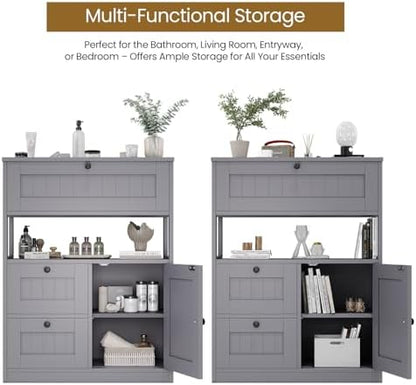 GRUSIGN Bathroom Cabinet, Modern Bathroom Floor Storage Cabinet Organizer with 1 Door and 3 Drawers, Freestanding Cupboard for Kitchen/Living Room Use