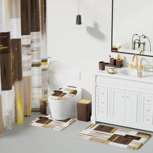 XLHOMO Bathroom Accessories Set - 25PC Bathroom Set with Shower Curtain and Rugs, Brown Bathroom Set, Bathroom Accessory Set with Press-on Lid Trash Can, Soap Dispenser and Qtip Holders