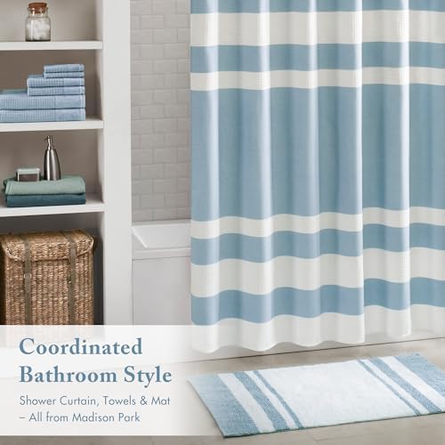 Madison Park Spa Cotton Bath Rug Non-Slip Absorbent Striped, 27 x 45, Blue