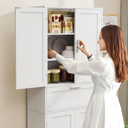 Iwell 67" Tall Storage Cabinet with Adjustable Shelf & 1 Large Drawer, Pantry Cabinet with 4 Doors, Kitchen Cabinets for Dining Room, Living Room, Home Office, White