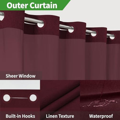 eachope No Hook Fabric Shower Curtain with Snap-in Liner,71x86 Burgundy