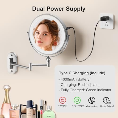 9" Wall Mounted Lighted Makeup Mirror,4000mAh Rechargeable Double Sided 1X/10X Magnifying Mirror with Light,3 Color Lights,Touch Dimmable,Extended Arm 360 Rotation Wall Mounted Makeup Mirror