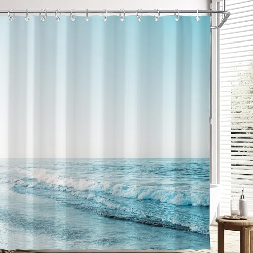 Ocean Beach Coastal Seaside Shower Curtain for Bathroom 72W*72H Inch Nautical Summer Seacoast Beachy Waves Bathtub Decor Seascape Neutral Waterproof Polyester Fabric Set with 12 Hooks