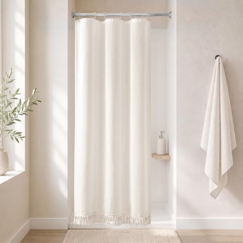 Linen Shower Curtain Boho Cream Shower Curtain with Tassels 36"W x 72"L