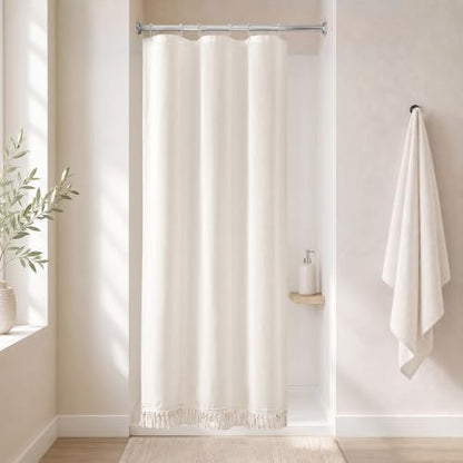 Linen Shower Curtain Boho Cream Shower Curtain with Tassels 36"W x 72"L