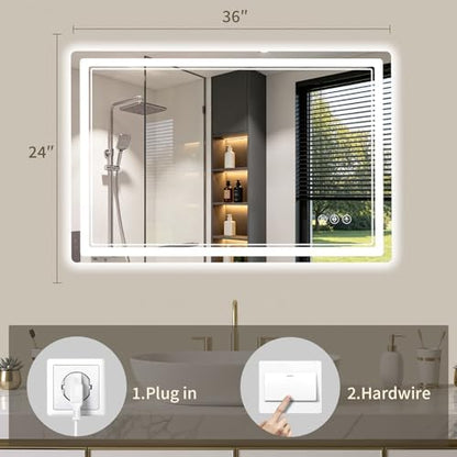 24"x36" LED Bathroom Mirror with Lights, Backlit + Front Lit, Anti-Fog, Lighted Bathroom Mirror for Wall, HD Shatterproof Tempered Glass, Dimmable, Memory Function (Horizontal/Vertical)