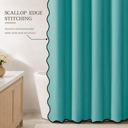 Furlinic No Hook Scalloped Shower Curtain Boho Teal Waterproof Linen 55x78