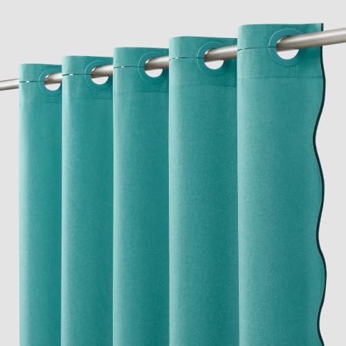 Furlinic No Hook Scalloped Shower Curtain Boho Teal Waterproof Linen 55x78