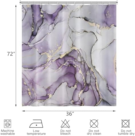 Purple Marble Shower Curtain, Modern Abstract Luxury Purple Gold Ink Texture Watercolor Art Bathroom Curtains Ombre Machine Washable Waterproof Fabric Bathtub Curtain Set with Hooks 36" Wx72 L