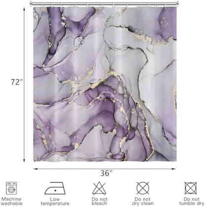 Purple Marble Shower Curtain, Modern Abstract Luxury Purple Gold Ink Texture Watercolor Art Bathroom Curtains Ombre Machine Washable Waterproof Fabric Bathtub Curtain Set with Hooks 36" Wx72 L