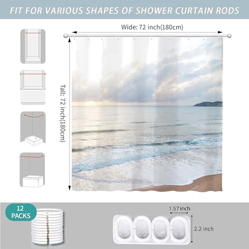 Ocean Beach Coastal Sea Scene Shower Curtain for Bathroom 72W*72H Inch Seaside Nautical Summer Beachy Landscape Sand Bathtub Decor Waves Seacoast Hawaiian Aesthetic Waterproof Polyester Fabric