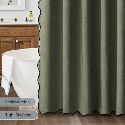 MIULEE Olive Green Scalloped Linen Shower Curtain 72x72 Inches