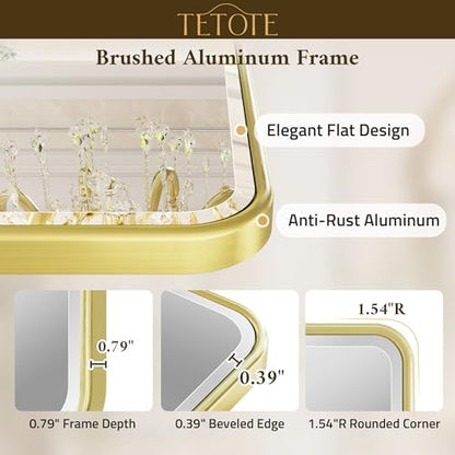 TETOTE Brushed Gold Vanity Mirror for Bathroom 36 x 36 Beveled Edge Tempered Glass, Rounded Corner Rectangle Wall Mirror for Modern Bathroom, Living Room, Bedroom, Entryway
