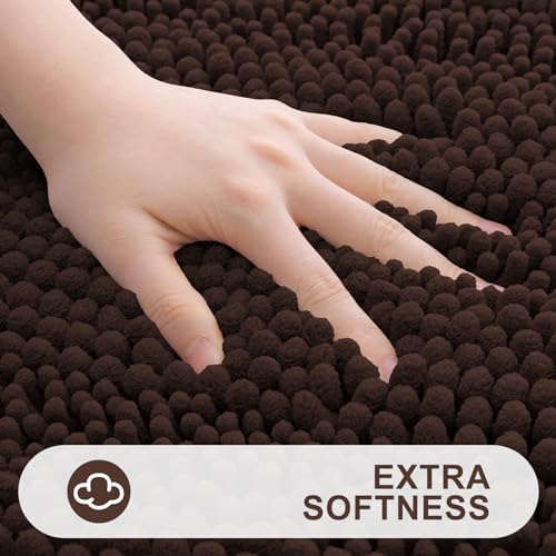 Grandaily Chenille Striped Bathroom Rugs 70x24, Extra Thick and Absorbent Bath Mats, Non-Slip Soft Plush Shaggy Shower Carpet, Machine Wash Dry, Bath Rug for Bathroom, Brown