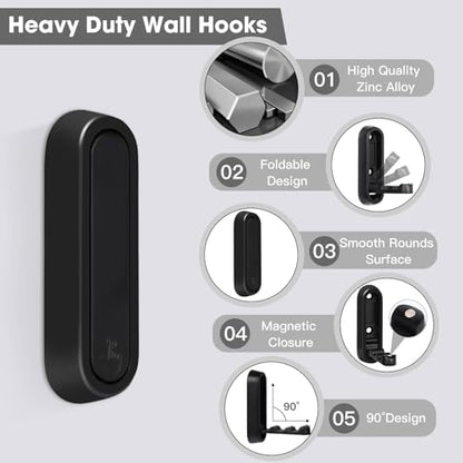 Foldable Wall Hook, Black, 4 Pack, Screw Mounted, Heavy Duty Coat Hooks