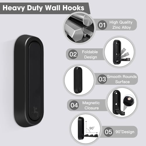 Dntorx Folding Wall Hooks, 2 Pcs Foldable Black Coat Hooks Heavy Duty Foldable Hook Bathroom Towel Hooks Robe Hooks Wall Mounted for Hanging Coat Towels Clothes Hat Bags Keys