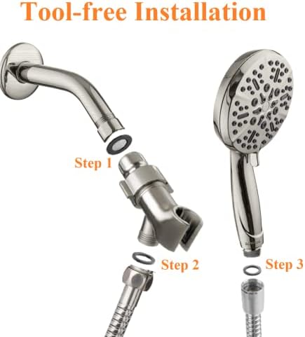 High Pressure Shower Head with Handheld - 5 Spray Settings High Flow Detachable Rain Shower Heads with 60” Extra-long Stainless Steel Hose and Adjustable Bracket with Brass Joint – Brushed Nickel