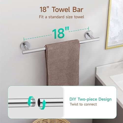 USHOWER 8PCS Polished Chrome Bathroom Hardware Set, 18-Inch Towel Bar Set